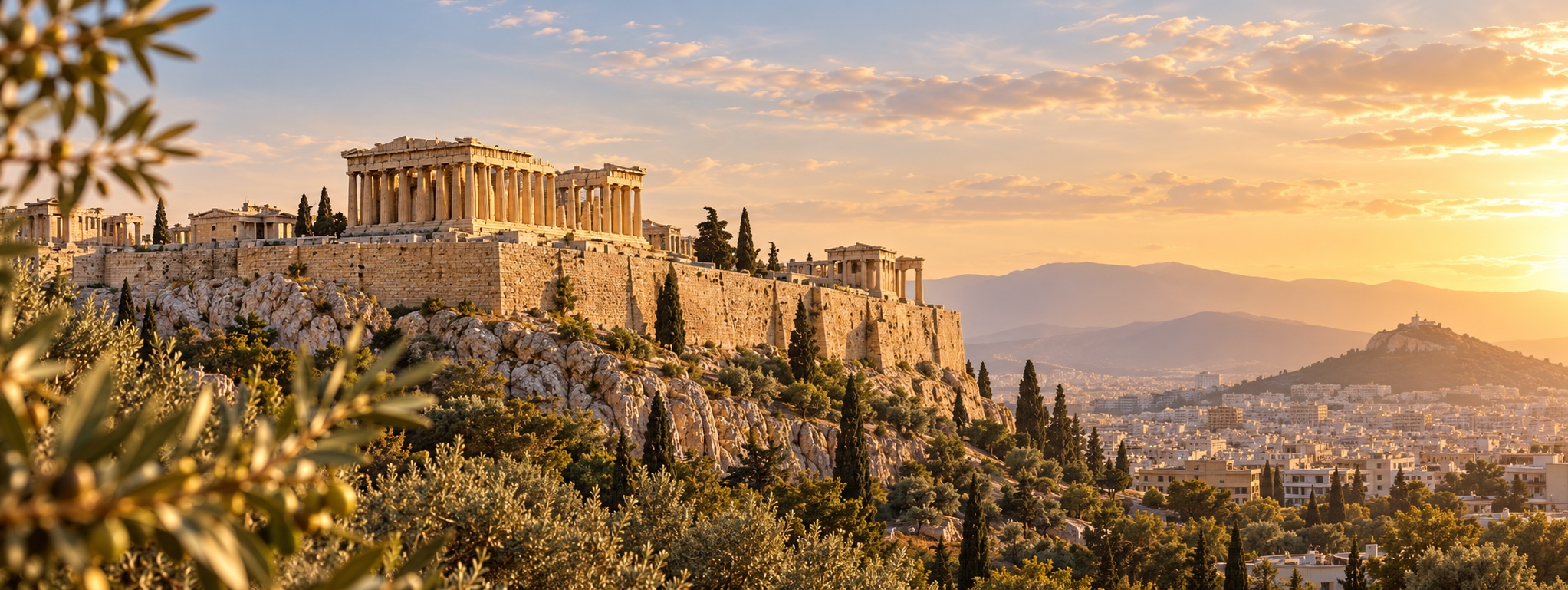 The Acropolis and Parthenon in warm evening light, framed by olive branches