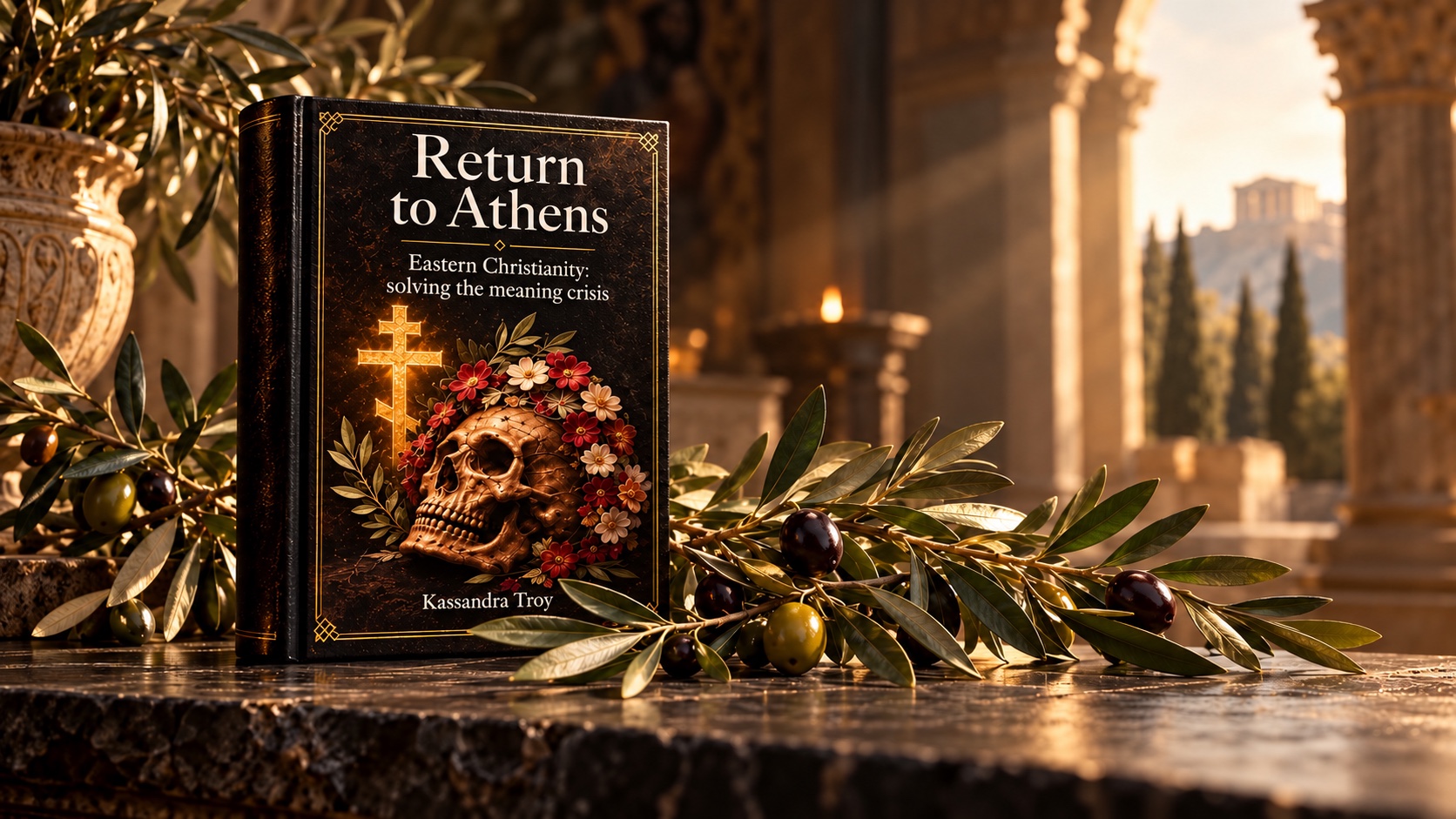 Black hardback book beside a prominent olive branch in warm light